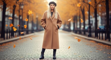 A beautiful woman in a stylish camel coat and beret stands on an autumn street with falling golden leaves. Perfect for fashion, fall, and urban themes.