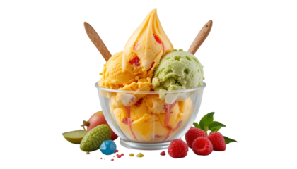 Ice cream sundae with fruit and wafer sticks in a clear glass bowl on a black background .