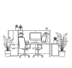 Fototapeta premium Modern Office Workspace: A clean line art illustration depicts a minimalist office setup with two desks, chairs, plants, and computers, showcasing a serene and productive atmosphere.