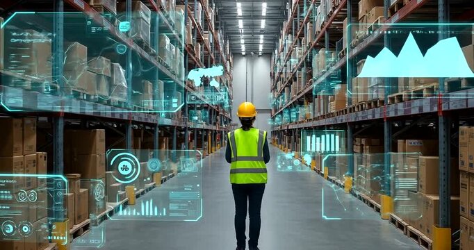 Worker in warehouse using technology for logistics management