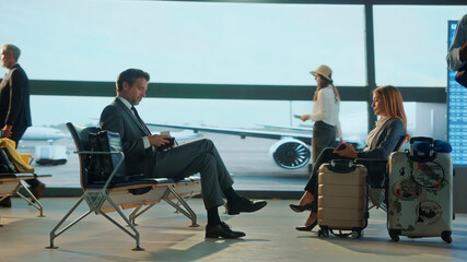 Business people waiting at the airport gate, checking smartphones and relaxing