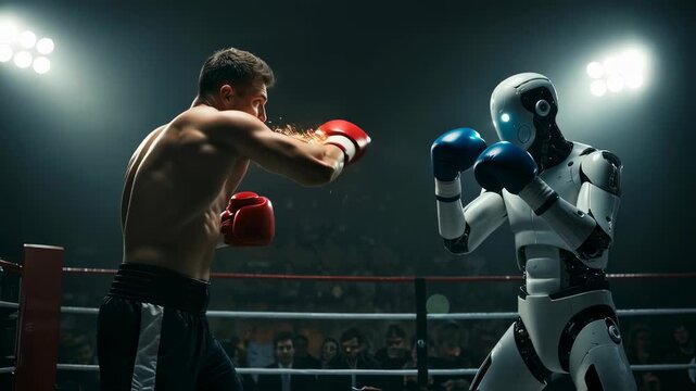 Male boxer fighting futuristic robot in ring. Artificial intelligence versus human strength competition concept video.