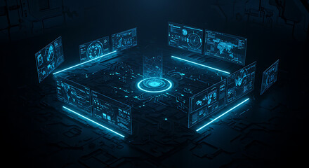 Cybernetic Interface: A futuristic interface showcasing advanced technological displays with glowing blue details, symbolizing the cutting edge of innovation and the digital era.