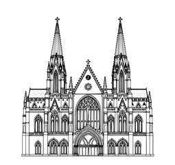 Fototapeta premium Gothic Cathedral Facade: A detailed line art illustration showcases the intricate architecture of a majestic Gothic cathedral, featuring twin spires, arched windows, and ornate detailing.
