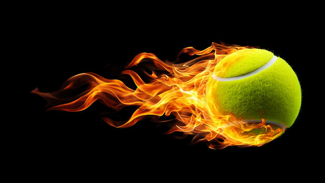 Tennis ball engulfed in vibrant orange and yellow flames sport fire