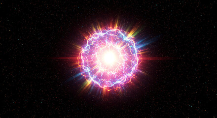 Obraz premium Exploding Celestial Body: A dynamic and vibrant visualization of a celestial body experiencing a dramatic explosion, releasing powerful energy and light across the cosmos.