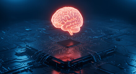 Digital Brain: A glowing brain hovers over a digital circuit board, rendered in a futuristic style, suggesting the synergy of human thought and technological advancement.