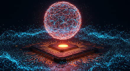 Quantum Processing on Futuristic Microchip: An artistic representation of a microchip at the forefront of quantum processing, with a glowing sphere of interconnected data.