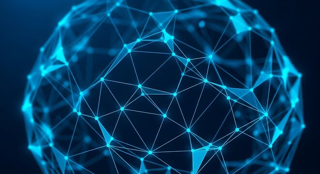 Abstract digital globe with interconnected blue lines and nodes forming a complex network structure against a dark background.