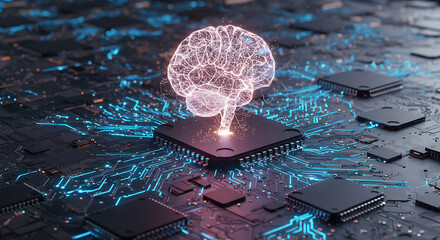 Digital Intelligence: A glowing brain hovers above a motherboard, in this photorealistic depiction of artificial intelligence, symbolizing the fusion of human intelligence with technology.