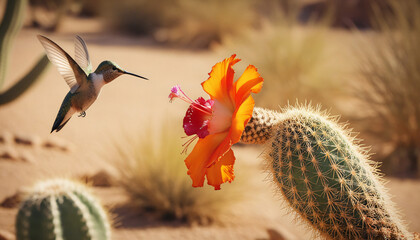 hummingbird feeding from vibrant cactus flower in desert