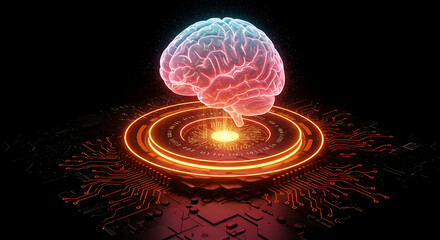 Mind of the Future: An illuminated depiction of the human brain resting on a circuit board, symbolizing the intersection of mind, technology, and futuristic thinking.