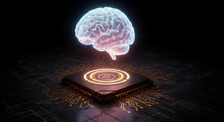 Brain and Processor: A striking visualization of a glowing brain levitating above a central processing unit. The image highlights the fusion of thought and technology, innovation, and potential.