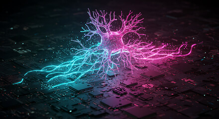 Neural Circuit: Illuminated neural network in shades of electric blue and vibrant pink, symbolising the intricate world of interconnected neurons, fostering innovation.