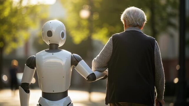Elderly woman with robot walking outdoor. Futuristic AI assistance for senior care. Robotic companion for aging population footage.