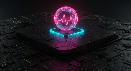 Digital Pulse: A digital heartbeat pulsates within a glowing sphere, representing the essence of technology and its intricate workings, set against a stark backdrop that highlights innovation.