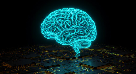 Digital Brain: Illuminated depiction of a digital brain, a symbol of AI and technological innovation, in striking detail and vibrant hue, resting atop a circuit board.