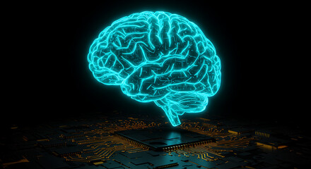 Brain on Circuit Board: An illuminated rendering of a human brain hovers above a circuit board, the glowing teal lines creating an atmosphere of technological advancement, neural networks.