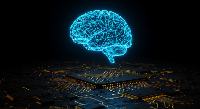 Brain and Circuit Board: A striking image showcases a neon-blue human brain superimposed over a circuit board, embodying artificial intelligence and technological innovation.