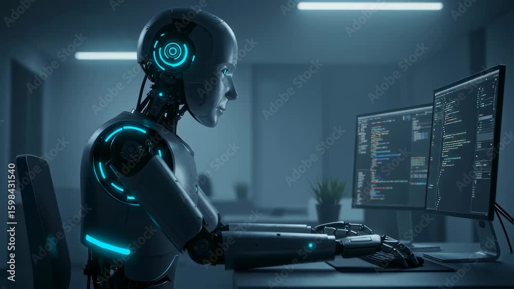 Poster an intelligent robot with a humanoid face is busy coding on a computer in an office, symbolizing art