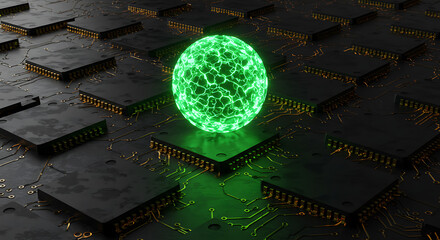 Sphere of Innovation: A captivating image showcases a radiant, energy-infused green sphere nestled among a grid of intricate computer chips, symbolizing advanced technology.