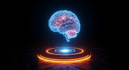 Digital Brain Hologram: a luminous digital brain hologram floats above a glowing platform, showcasing the intricate complexity of the human mind against a dark background.