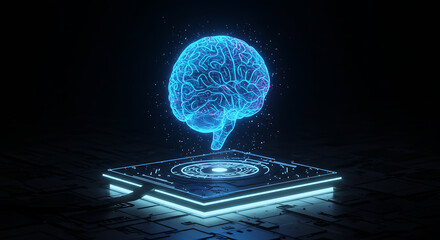 Digital Brain Concept: A luminous digital rendering of a brain hovers above a technological platform, creating a captivating visual representation of artificial intelligence and mental prowess.