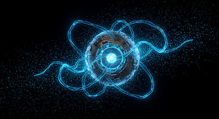 Mysterious Energy Sphere: A mesmerizing display of advanced technology featuring an energy sphere at the center, surrounded by intricate luminous trails, set against a dark backdrop.