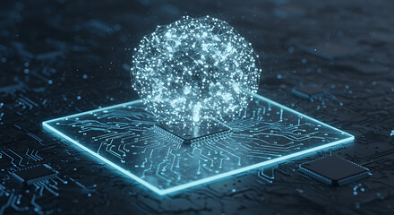 Digital Brain: A luminous sphere of digital data pulses atop a circuit board, symbolizing the interconnectedness and evolution of artificial intelligence.