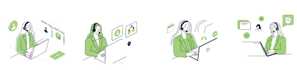 Set of Flat Outline Illustrations for Call Center, Customer Service, and Support
