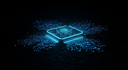Cybernetic Core: A futuristic glowing circuit board, illuminating in neon blue, pulsating with technological innovation and advanced digital processing.