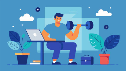 After a long day at work a user escapes to the virtual gym for a rejuvenating strength training session leaving the stresses of the real world behind.. Vector illustration