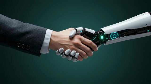 Man and robot handshake on dark background. Automation cooperation partnership concept and artificial intelligence footage.