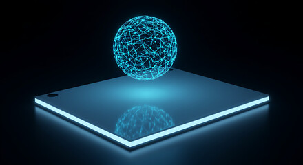 Digital sphere of data: A luminous sphere of interconnected data hovers above a glowing square, suggesting the interconnectedness of our digital world and the advanced technologies.