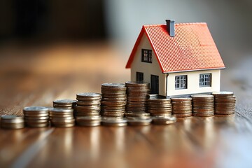House Model and Coins Stack Representing Real Estate Financial Concepts for Happy New Year 2025