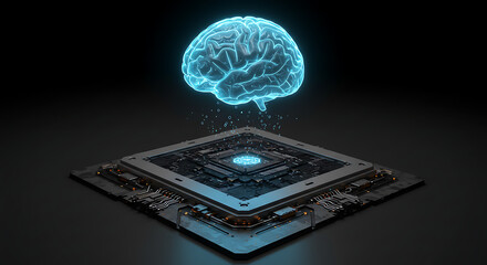 Cybernetic Brain: A digital, neon-lit brain hovers over a sophisticated microchip, symbolizing the nexus of human intellect and technological advancement, highlighting innovation and progress.