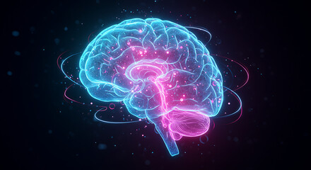 Obraz premium Illuminated Neural Pathways: A captivating representation of the human brain, glowing with vibrant blue and pink.