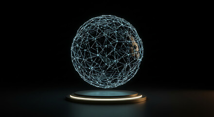 Data Sphere Display: A visually striking data sphere levitates gracefully above a sleek, illuminated platform, symbolizing interconnectedness and the flow of information.