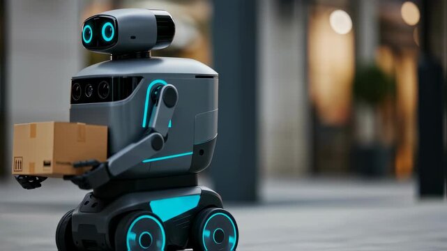 Modern delivery robot carrying a small cardboard box outdoors, showcasing future automated logistics, footage.