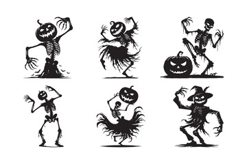  Set of Eerie silhouette of a skeleton dancing, with a pumpkin head and glowing eyes, on white