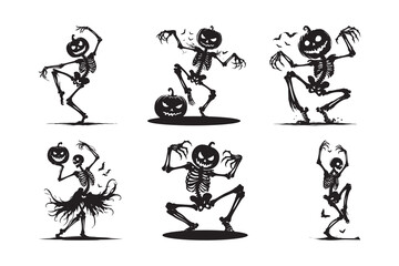  Set of Eerie silhouette of a skeleton dancing, with a pumpkin head and glowing eyes, on white