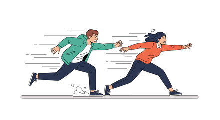 Two people running very fast with motion lines indicating speed and urgency in a chase or escape scenario