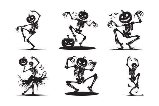  Set of Eerie silhouette of a skeleton dancing, with a pumpkin head and glowing eyes, on white