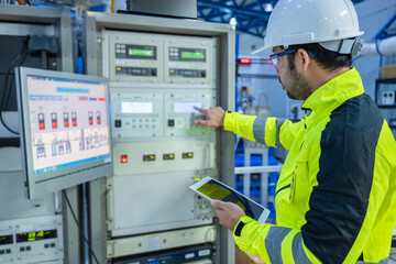 Electrical engineer woman checking voltage at the Power Distribution Cabinet in the control room,preventive maintenance Yearly,Thailand Electrician working at company