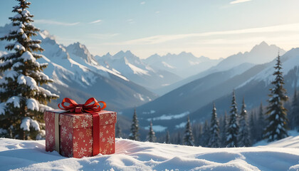 Winter christmas gift in snowy mountain landscape holiday season present giving background image for design