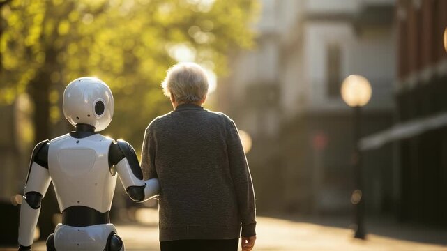 Elderly woman aided by robot assistant outdoors. Robot companion helping senior citizen walk in sunny street. AI assistant for elder care.