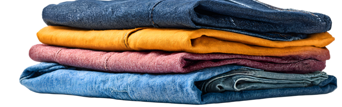 Pila de ropa vaquera limpia de diferentes colores apiladas aisladas sobre fondo transparente. Servicio de lavandería y tareas del hogar. Tienda de ropa.