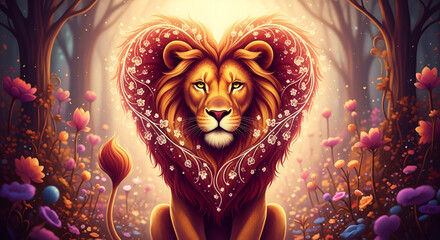 Lion heart mane flowers forest magical fantasy animal wildlife nature love romance dreamy art
