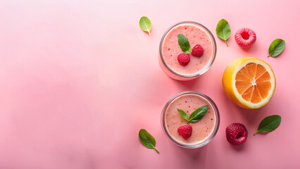 Refreshing raspberry smoothies with fresh lemon and mint on a pink background