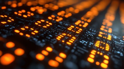 Close-up view of a complex circuit board with glowing orange elements.